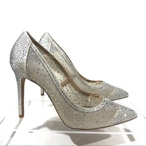 Badgley Mischka Collection Weslee Satin Pointy Toe Rhinestone Pump Heels Ivory